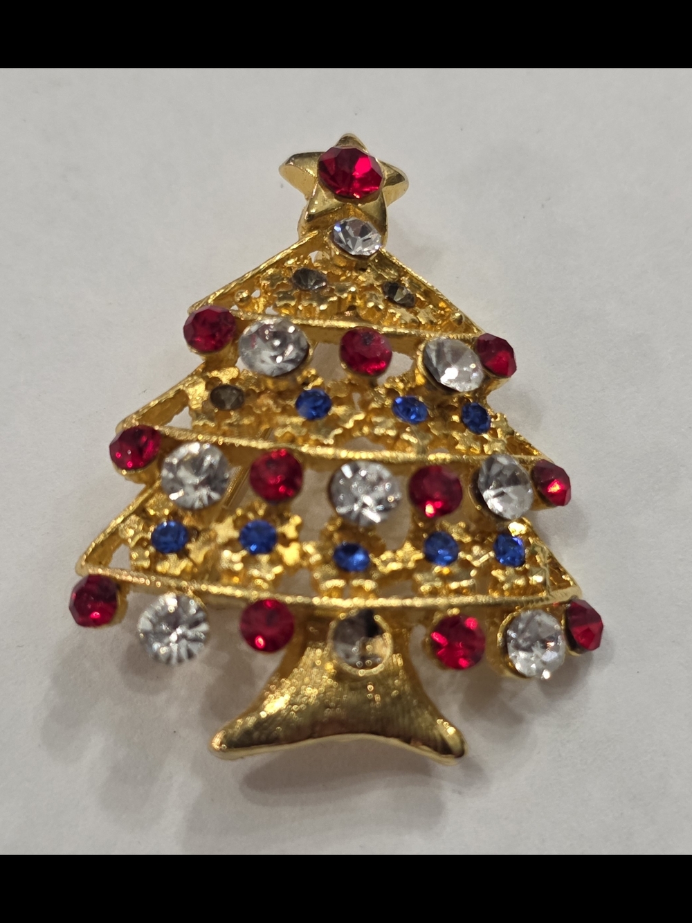 Gold-Tone Christmas Tree Brooch with Red, Clear and Blue Stones